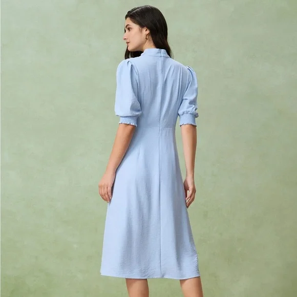 RIHOAS Blue Puffed Sleeve Pleated Midi Dress L - Picture 2 of 4